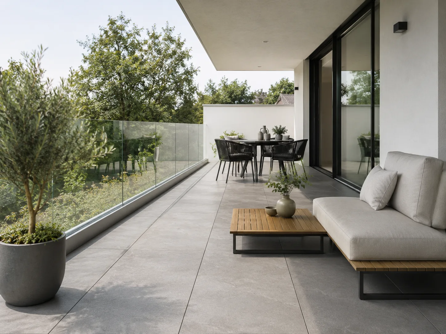 Moderne Terrasse mit großformatigen Außenfliesen und Glasgeländer